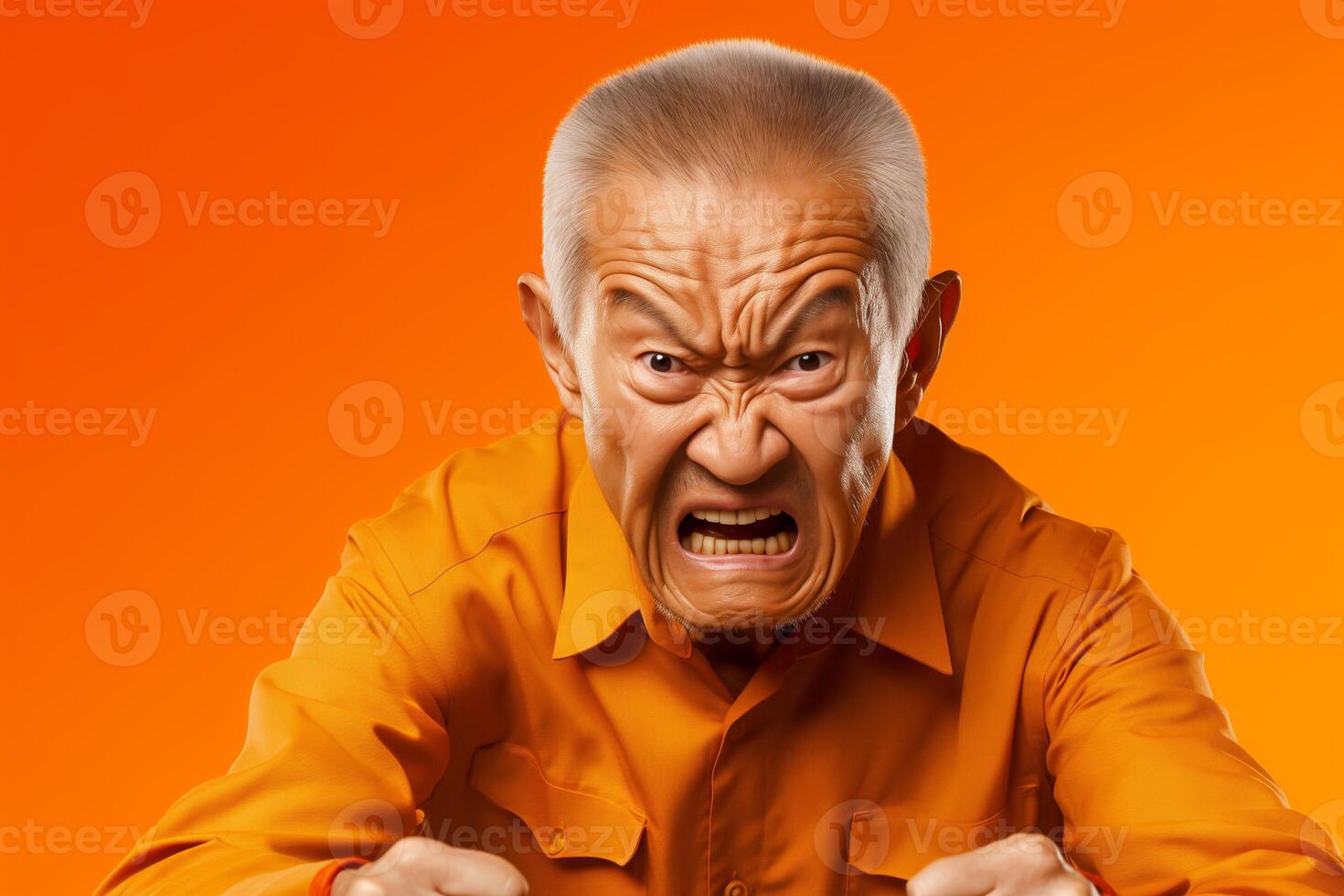 AI generated Angry old asian man isolated on orange background. Portrait of furious elderly person, closeup. photo