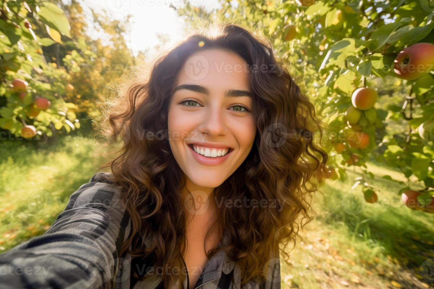 AI generated Young happy woman taking selfie in the orchard. Portrait of smiling attractive woman in the nature. photo