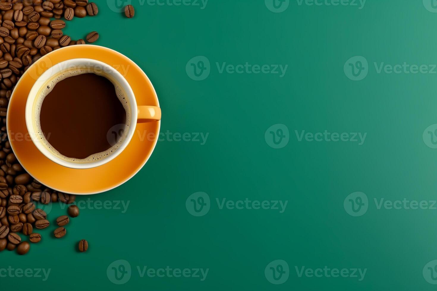 AI generated Cup of coffee on green background. Top view, copy space. photo