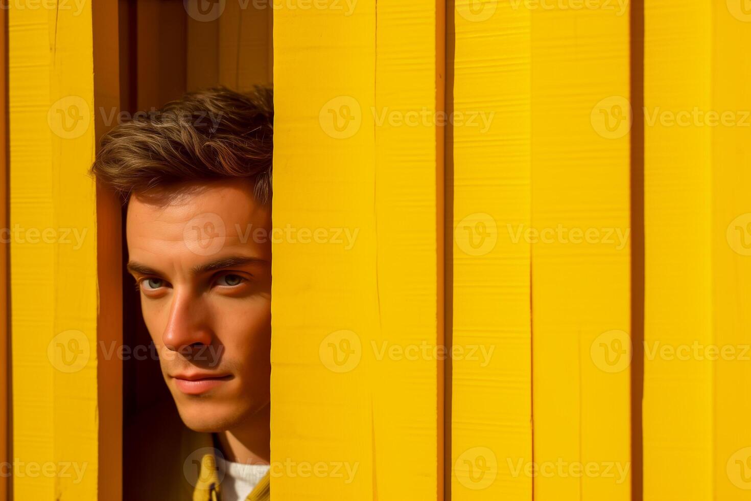 ai generado joven hombre mirando fuera mediante el grieta de el de madera amarillo puerta foto