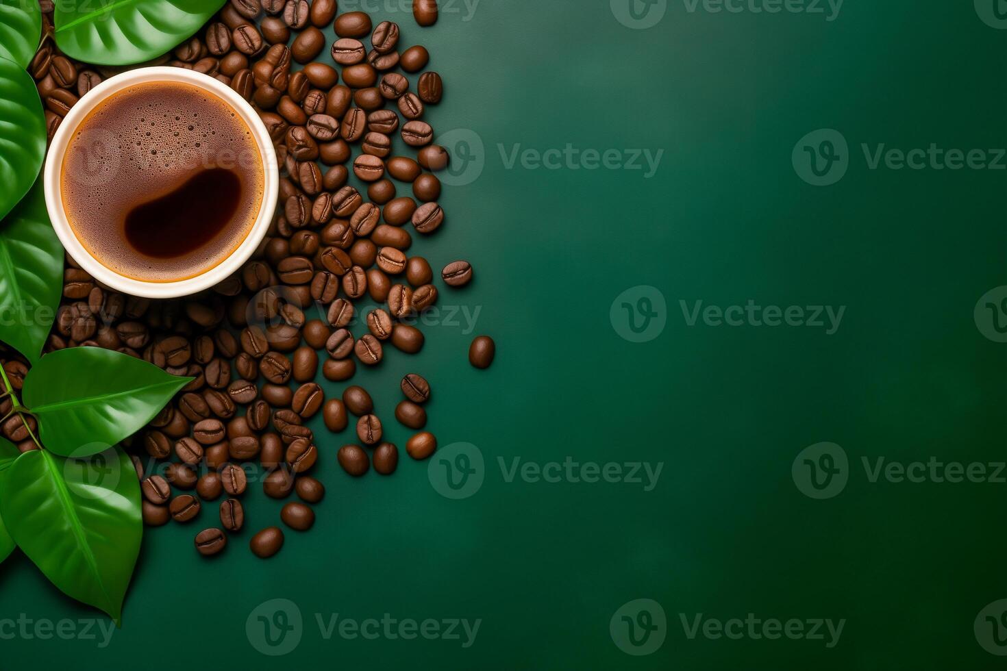 AI generated Cup of coffee on green background. Top view, copy space. photo