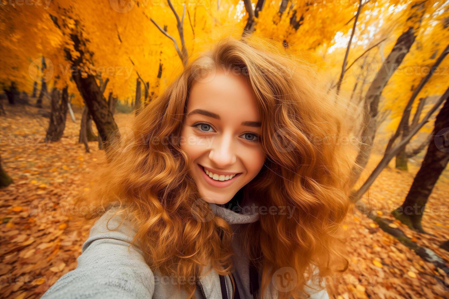 ai generado contento joven mujer tomando selfie en el otoño bosque foto