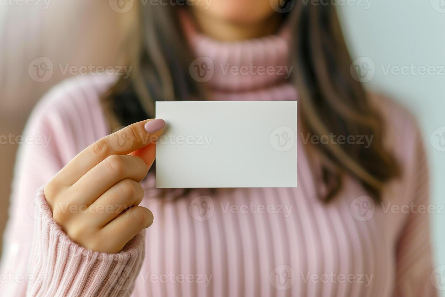 AI generated Young woman showing a blank white business card. Mockup business card template. Copy space. photo