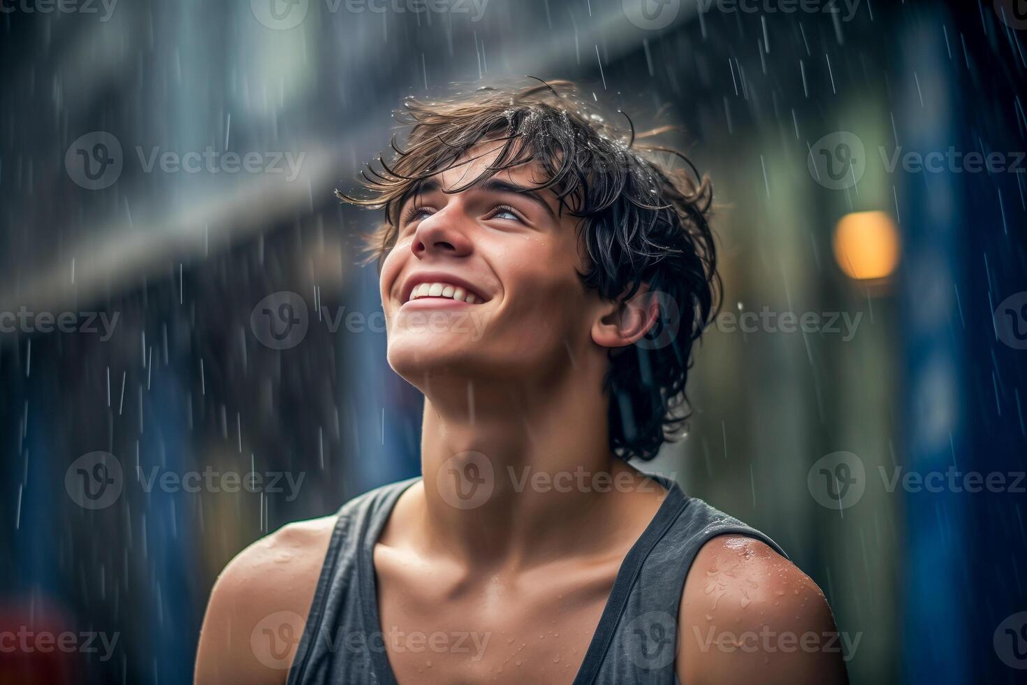 AI generated Young handsome happy man under the rain, closeup photo