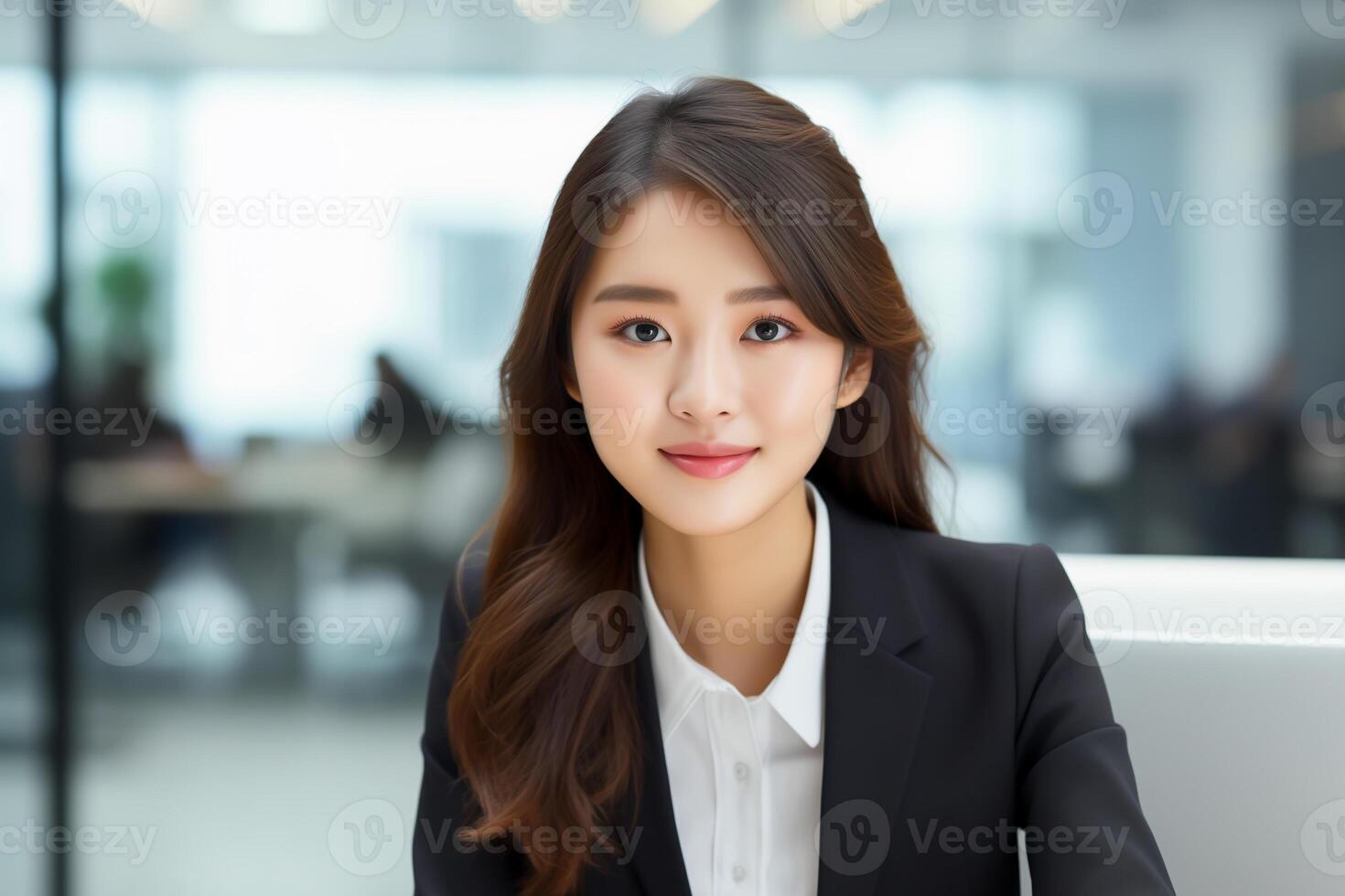 AI generated Young asian business woman in the modern office. Portrait of confident entrepreneur woman at the workplace, closeup. photo