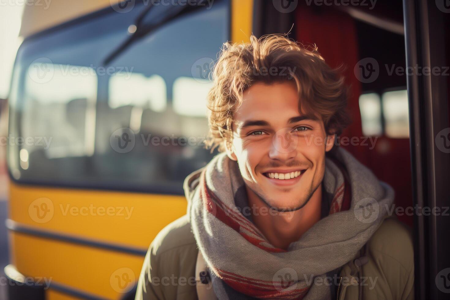 AI generated Smiling college student in front of a bus photo