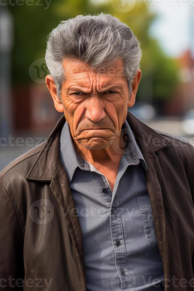 AI generated Middle aged angry man on the street, closeup photo