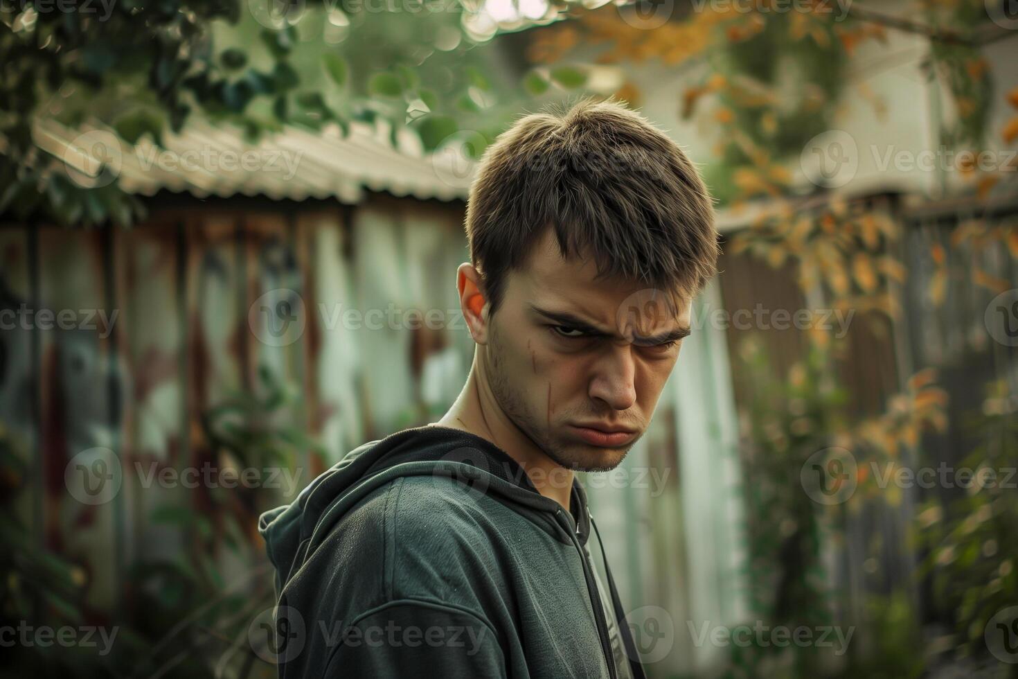 AI generated Angry young man at the backyard, closeup photo