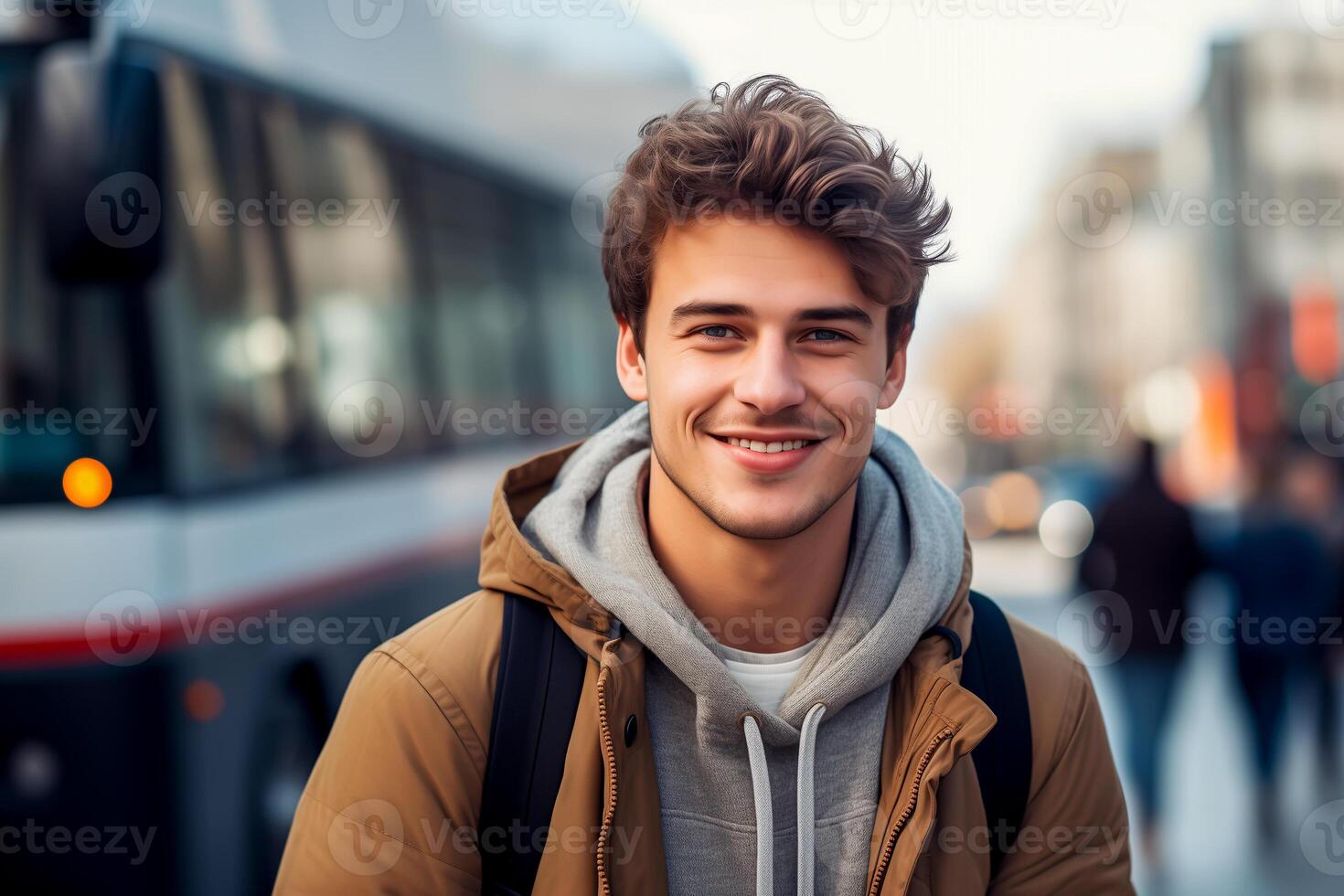 AI generated Smiling college student in front of a bus photo