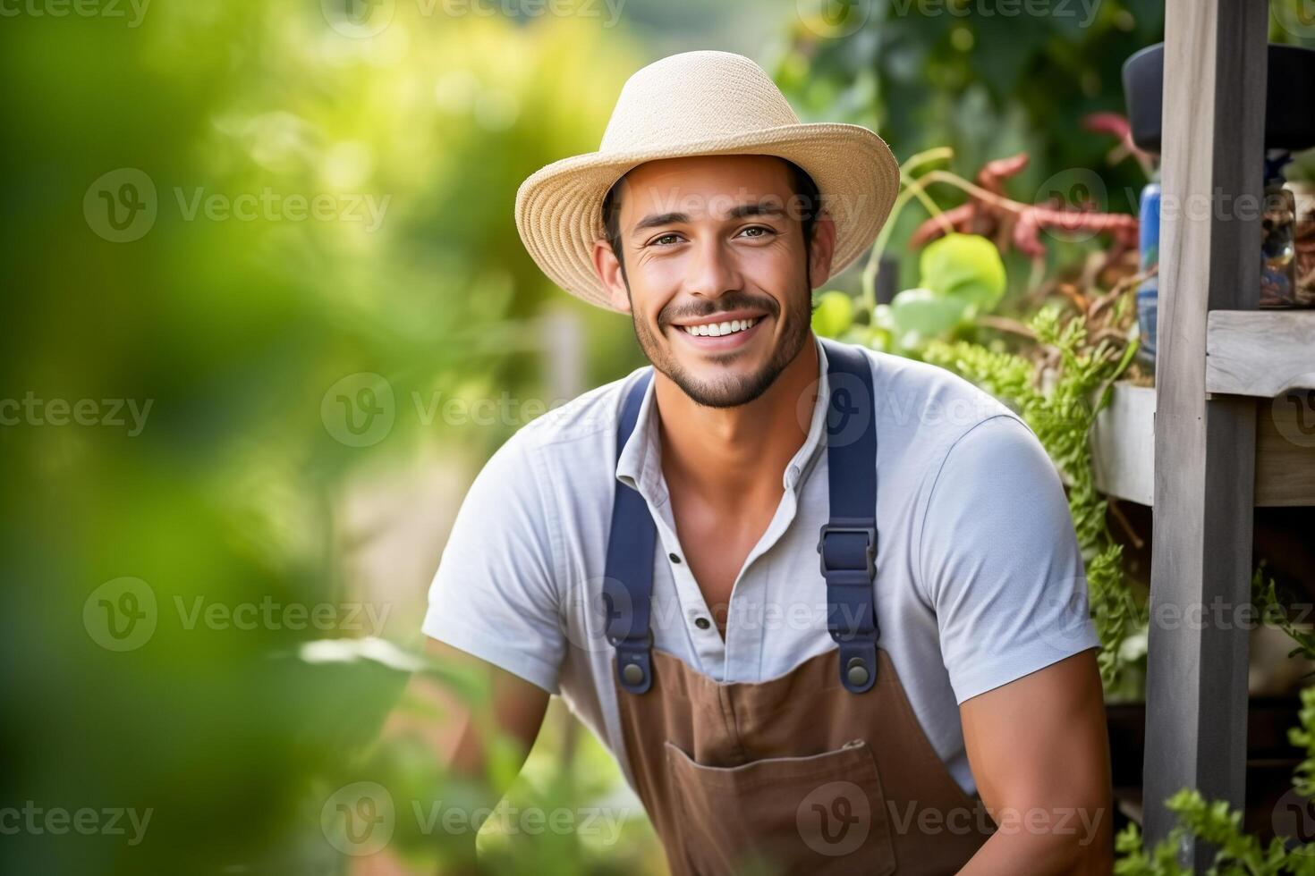 ai generado joven contento granjero hombre sonriente a cámara en vegetal jardín. retrato de joven empresario en su jardín. foto