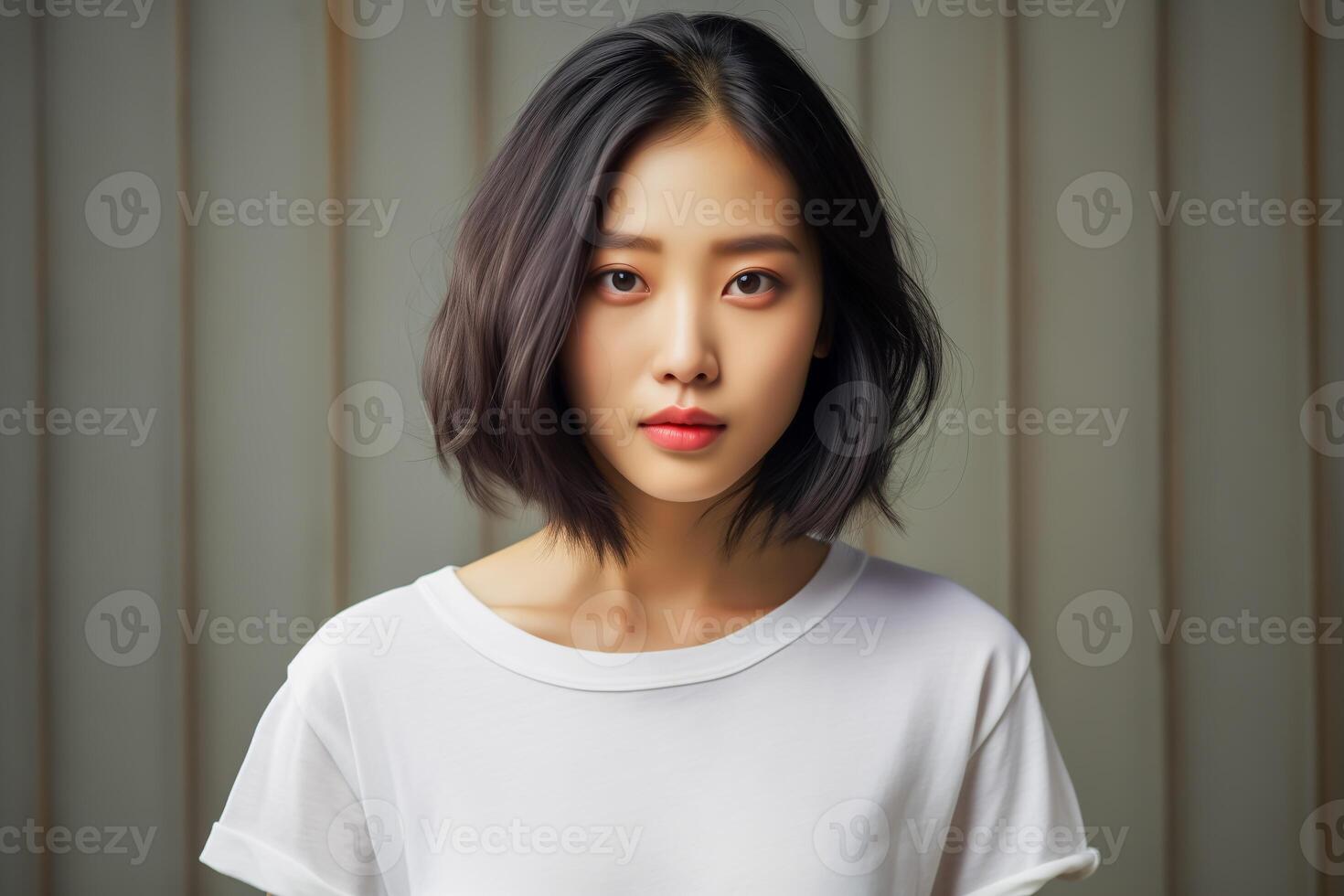 ai generado retrato de joven asiático mujer en gris antecedentes foto
