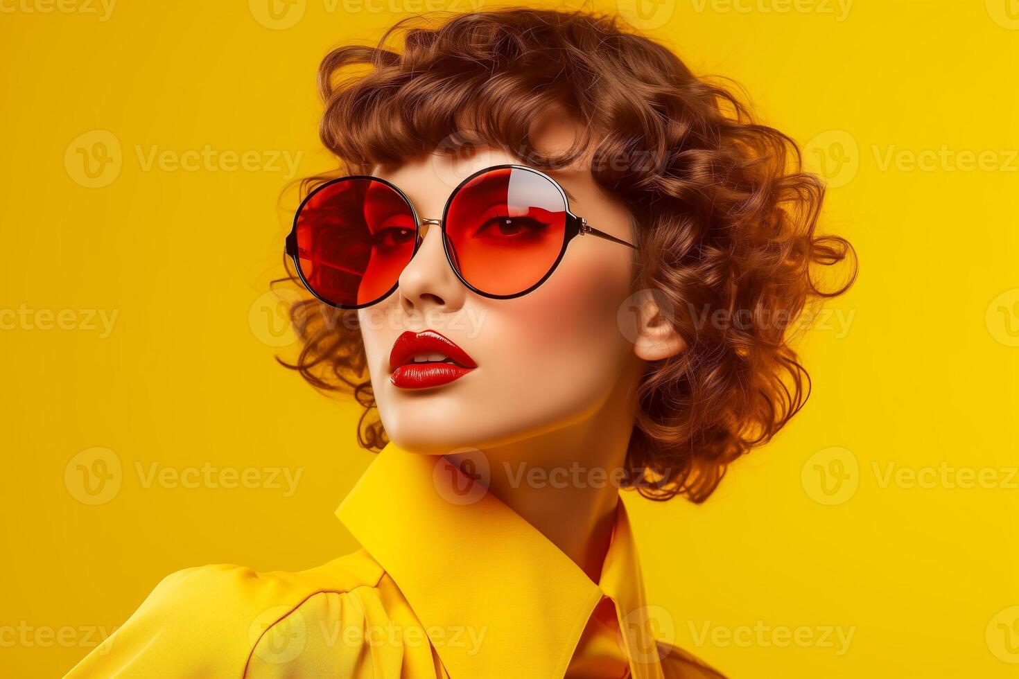 AI generated Stylish young woman portrait on yellow background with eyeglasses photo