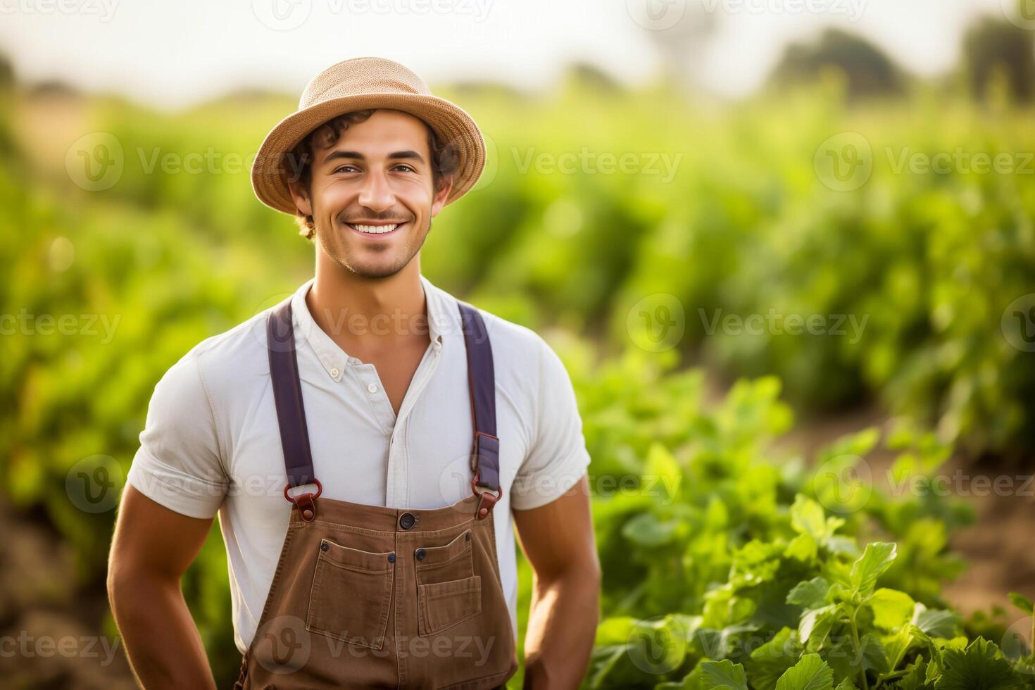 AI generated Young happy farmer man smiling at camera in vegetable garden. Portrait of young entrepreneur in his garden. photo