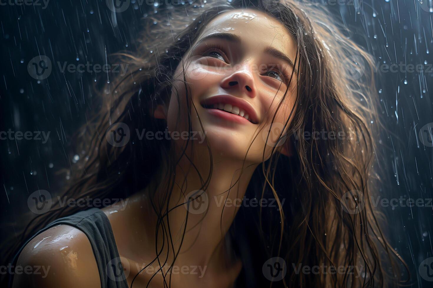 ai generado joven hermosa contento mujer debajo el lluvia foto