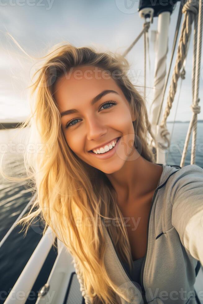 ai generado joven contento mujer tomando selfie en yate. vertical retrato de sonriente atractivo mujer. foto