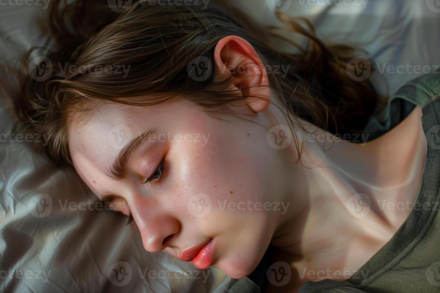 AI generated Sad young woman lying on bed, closeup. Unhappy beautiful woman. photo