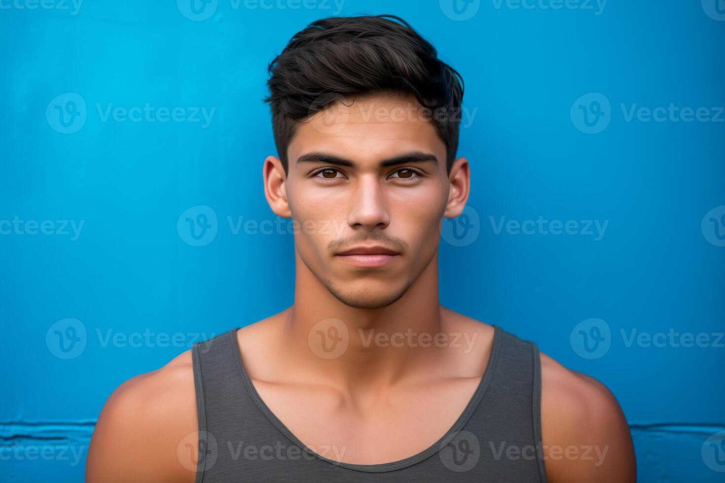 AI generated Portrait of young man standing in front of blue wall photo