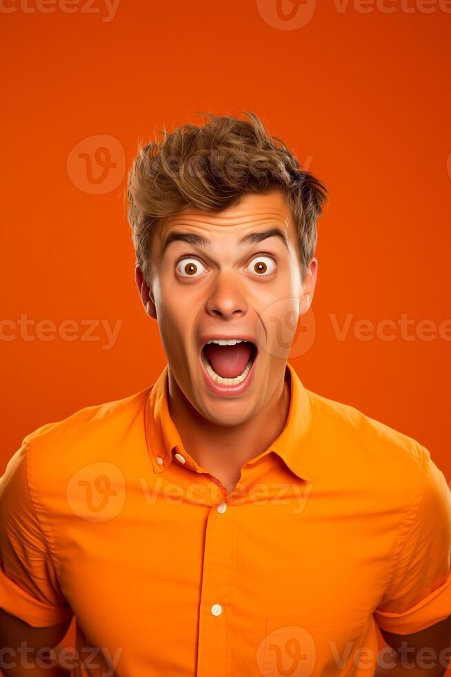 AI generated Young handsome man making funny faces on orange background photo