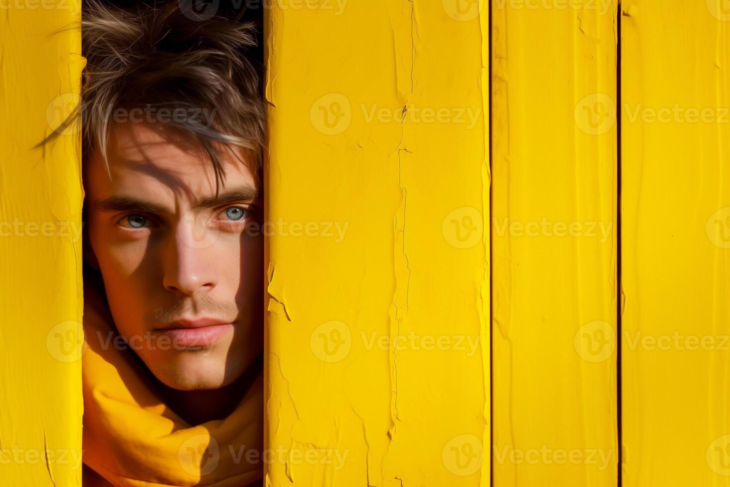 AI generated Young man looking out through the crack of the wooden yellow door photo