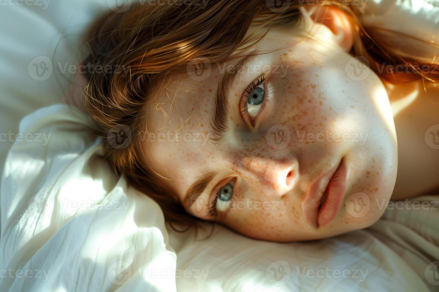 AI generated Sad young woman lying on bed, closeup. Unhappy beautiful woman. photo