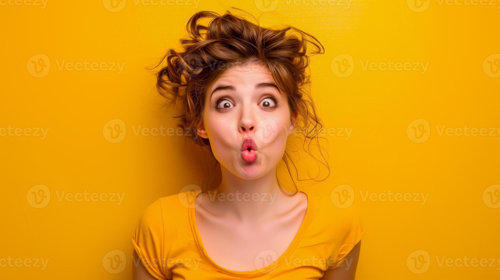 AI generated Young woman making funny face on yellow background, copy space photo