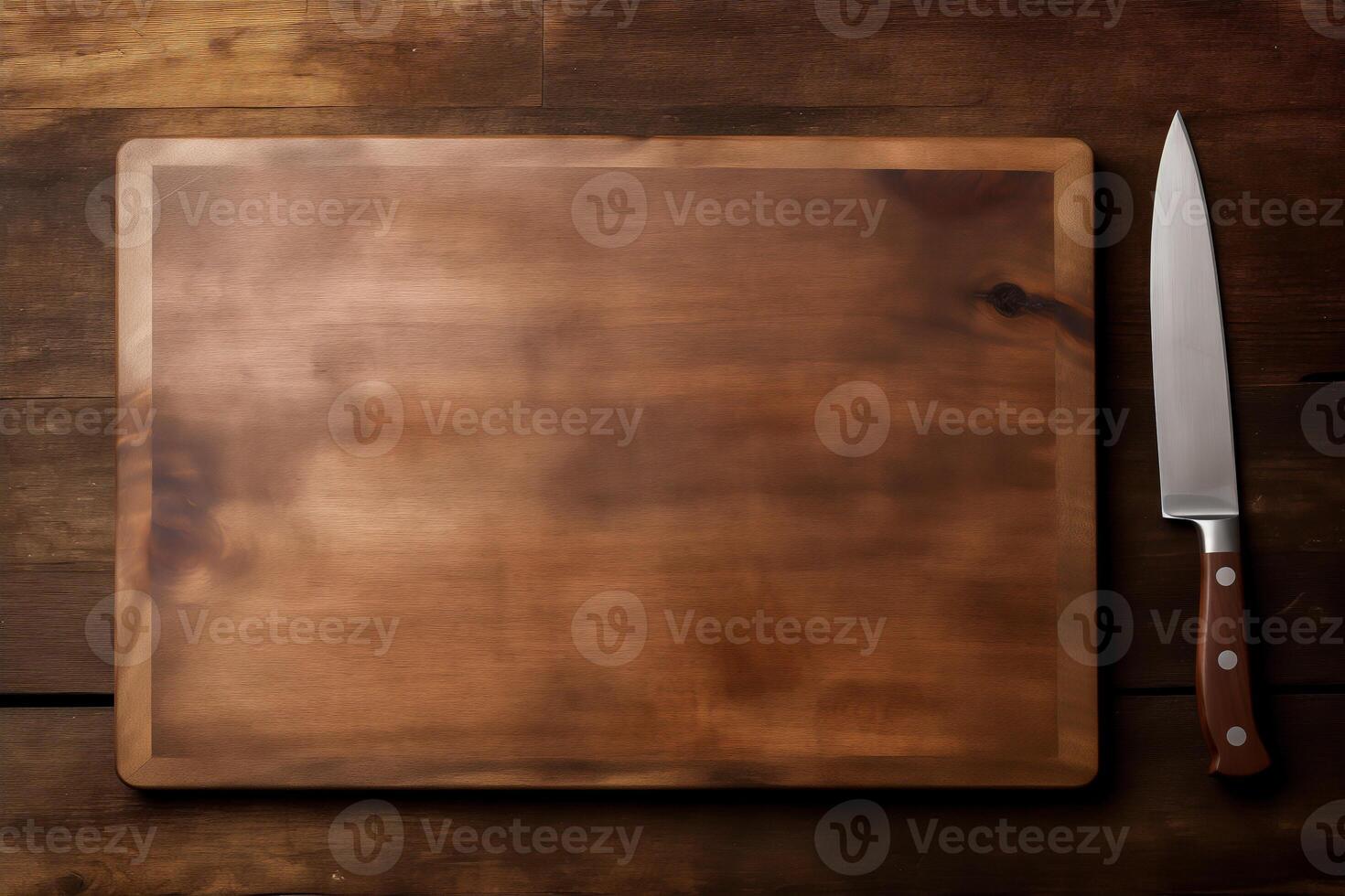 AI generated Blank cutting board and knife, top view photo
