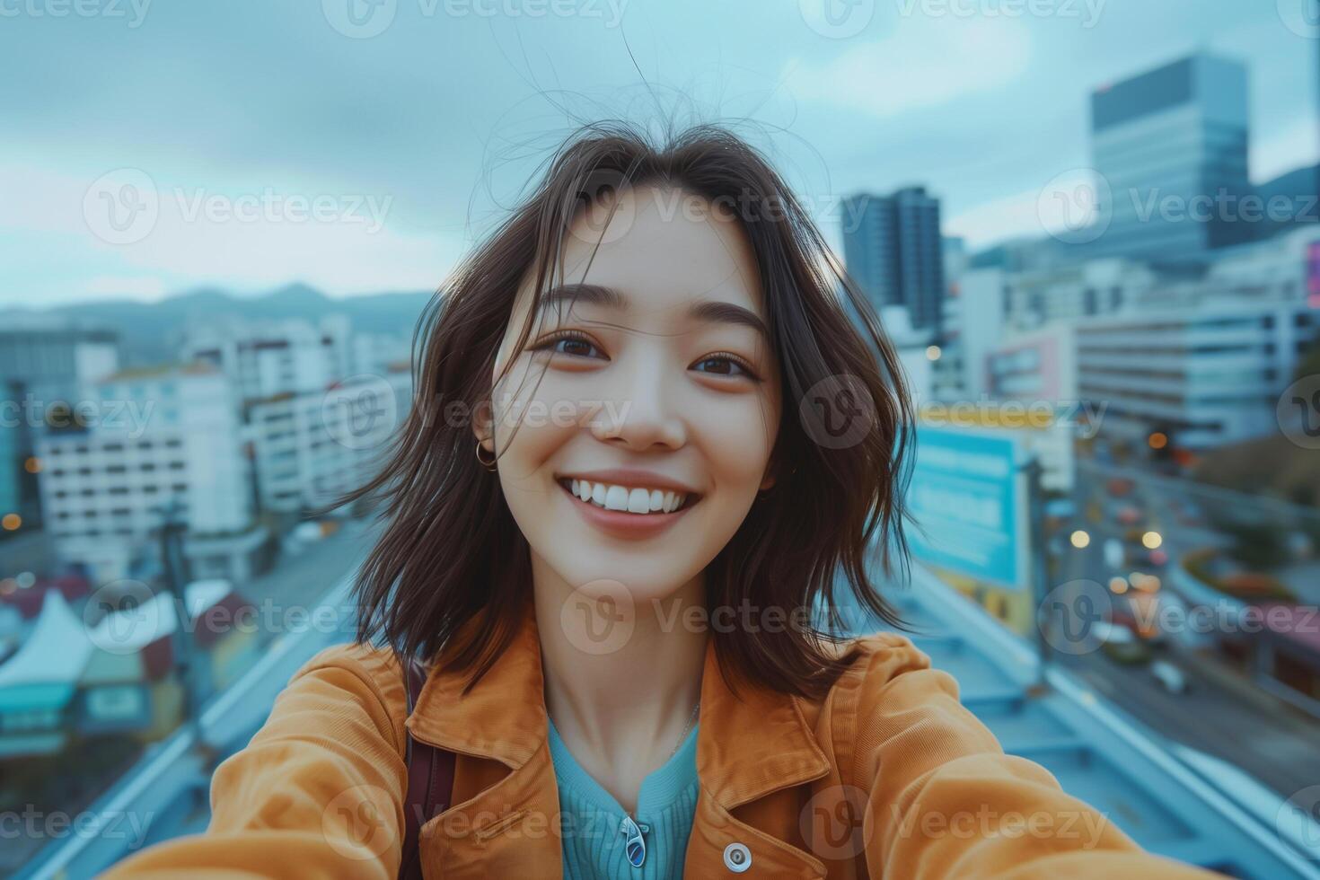 AI generated Young beautiful asian woman taking selfie on a roof against the big city background photo