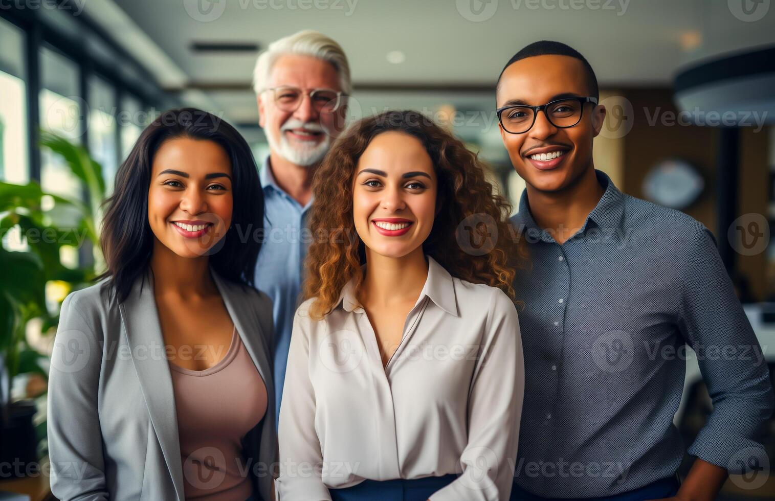 AI generated Group of people in the office. Happy successful business team. Diversity concept in business life. photo