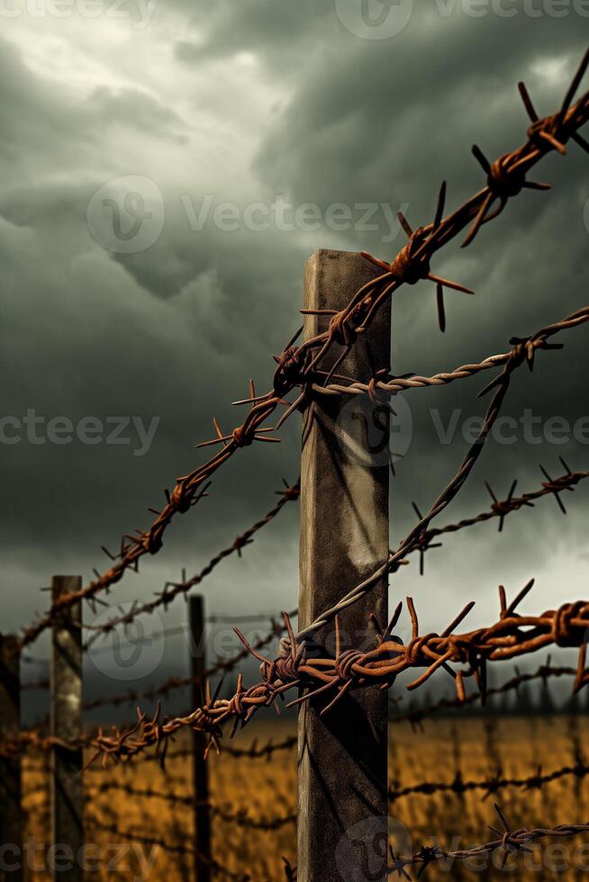 AI generated Barbed wires and a cloudy sky photo