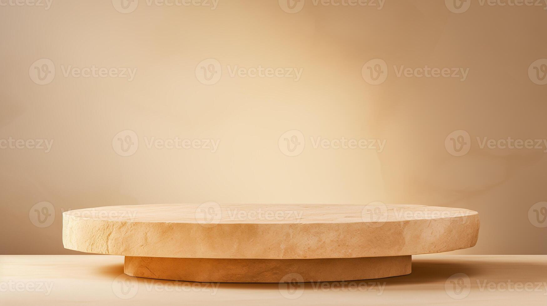 AI generated Stone podium on beige background for product display. Empty pedestal for advertising. Front view, copy space. photo