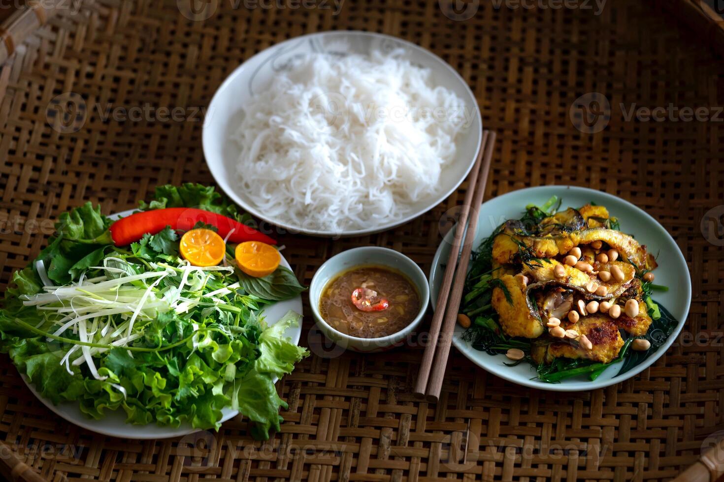 Fried fish with rice and vegetables, Thai style food, Thailand. photo
