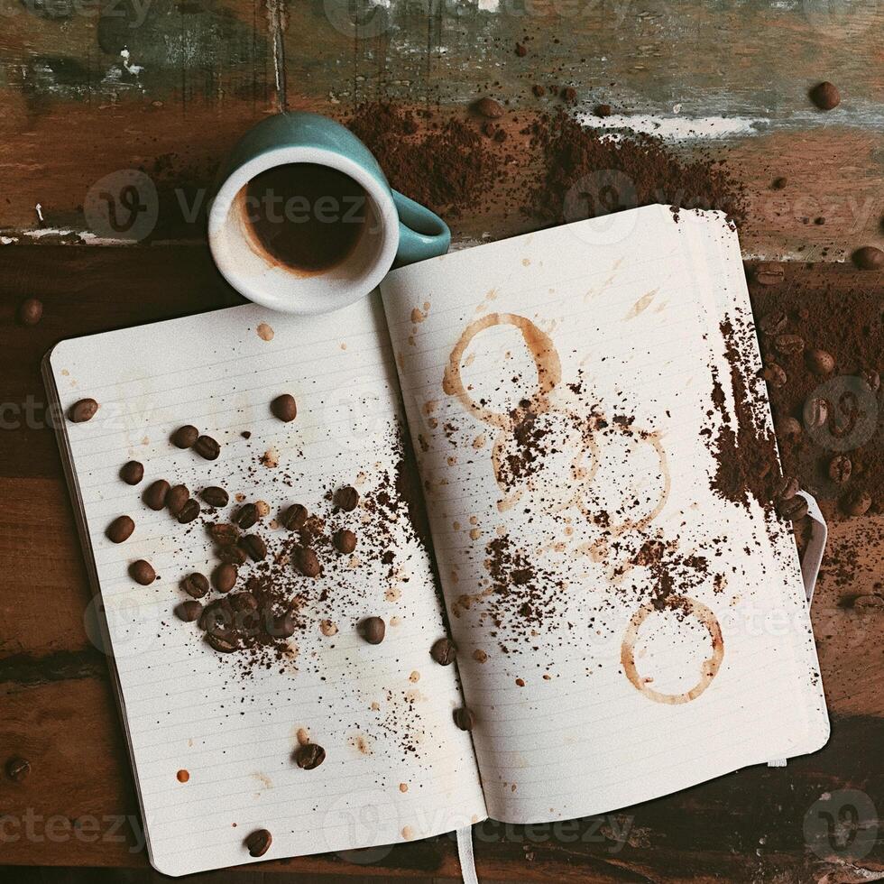 Coffee cup and coffee beans on old book, top view photo