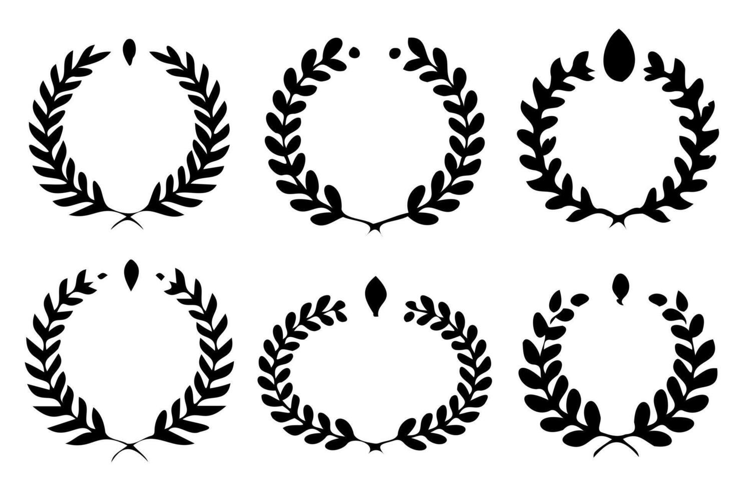 Set of black and white silhouetted round laurel and oak wreaths depicting an award. Concept of award and laurels. vector