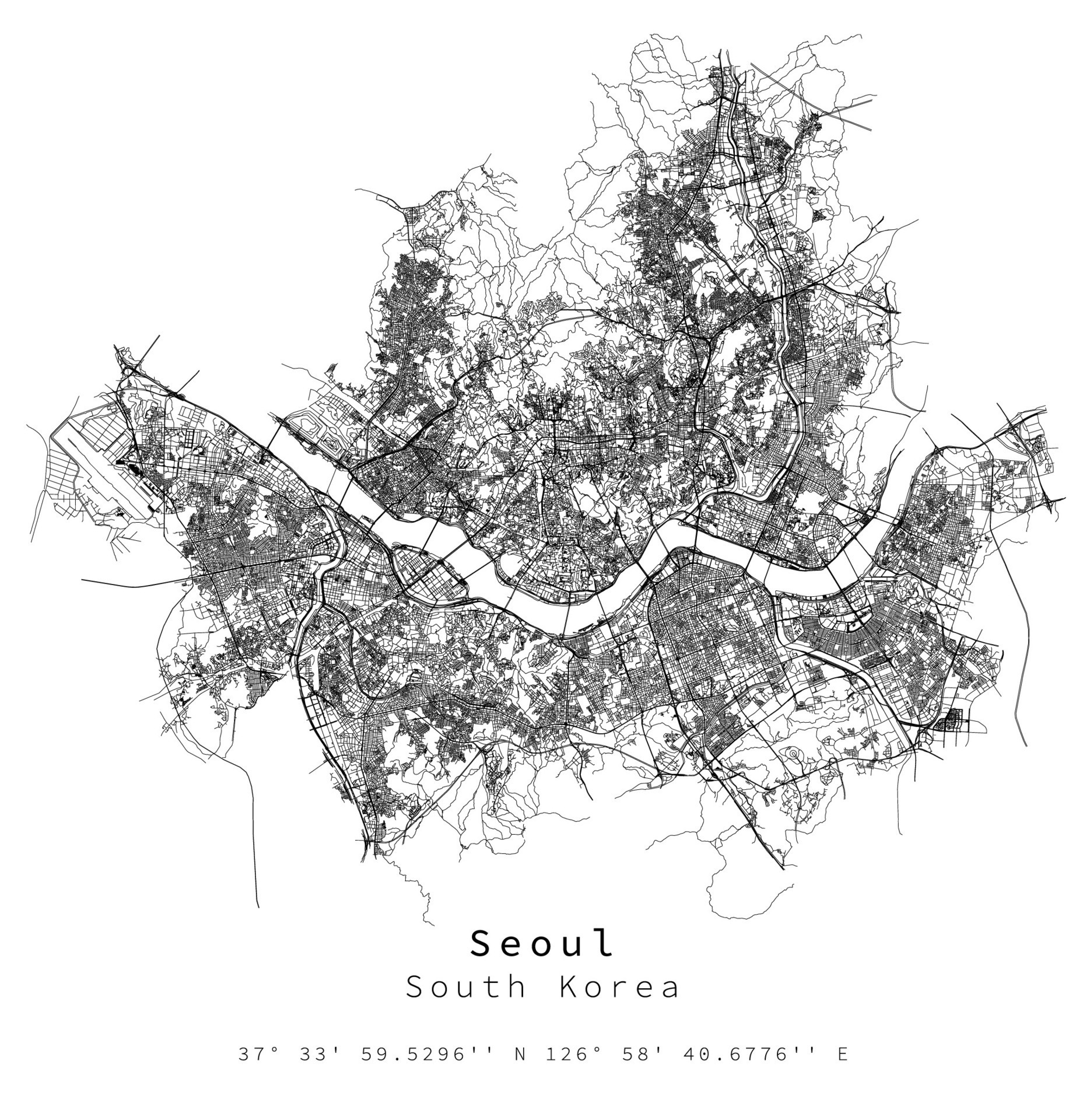 Seoul, South Korea Urban detail Streets Roads Map ,vector element image 