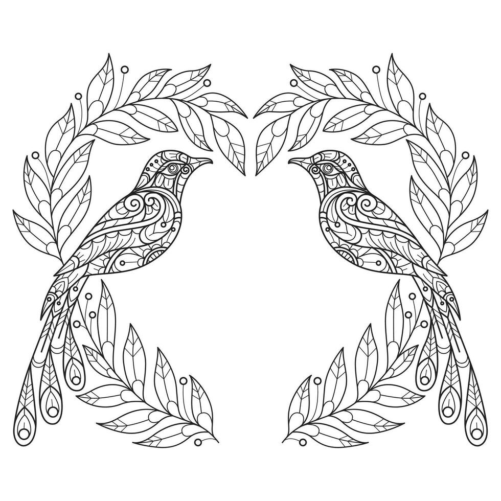 Leaf heart frame and bird hand drawn for adult coloring book vector