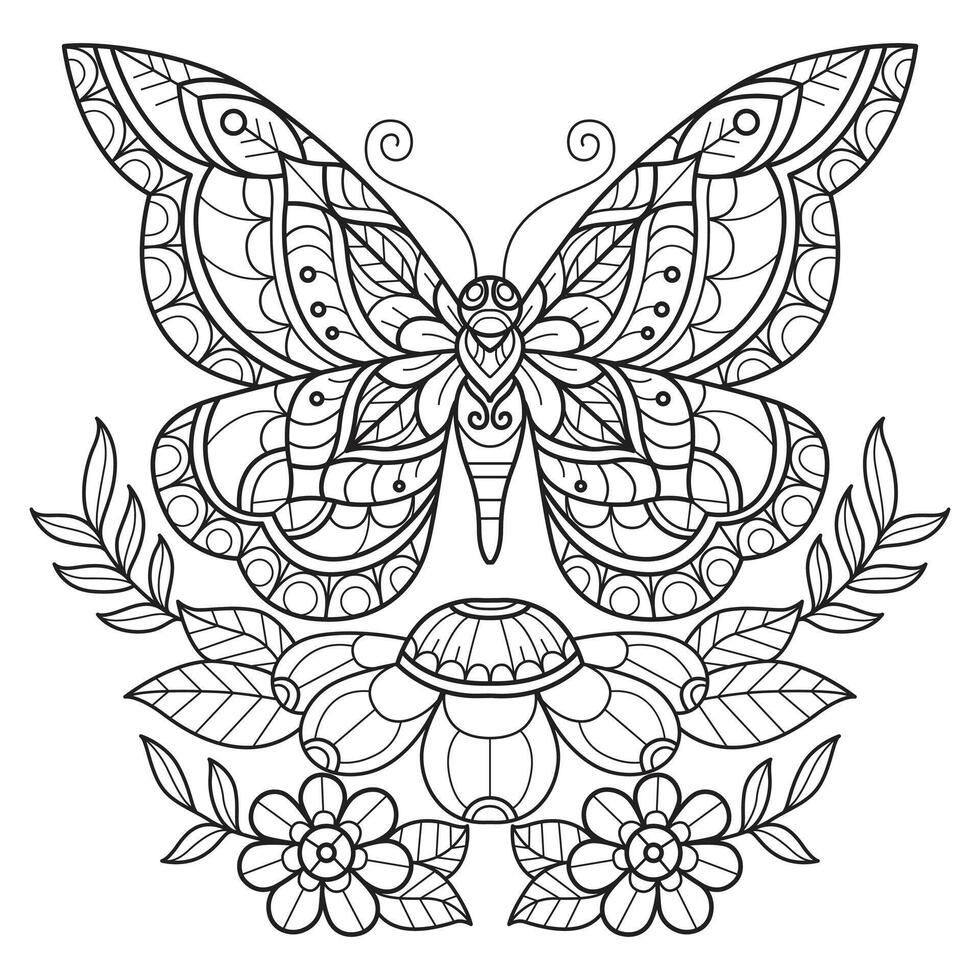 Cute butterfly and flower hand drawn for adult coloring book vector