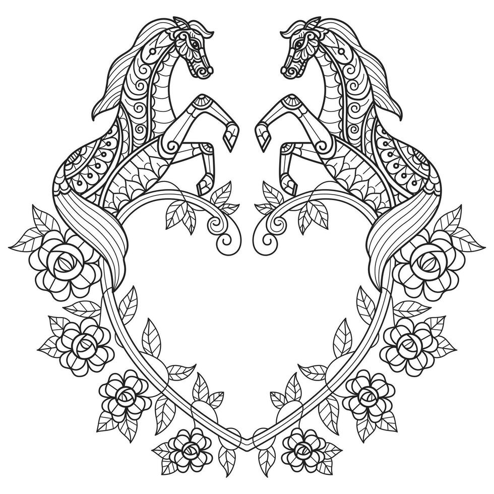 Horse and heart frame hand drawn for adult coloring book vector