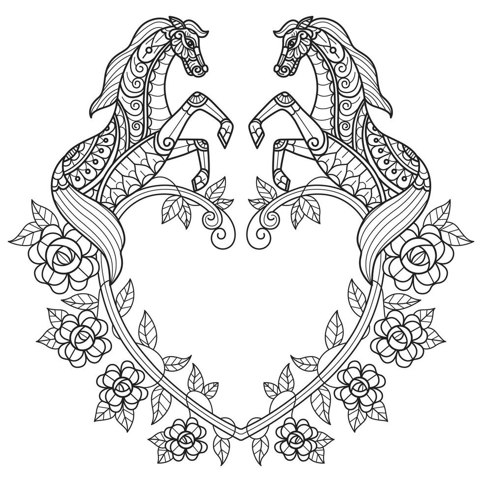 Horse and heart frame hand drawn for adult coloring book vector