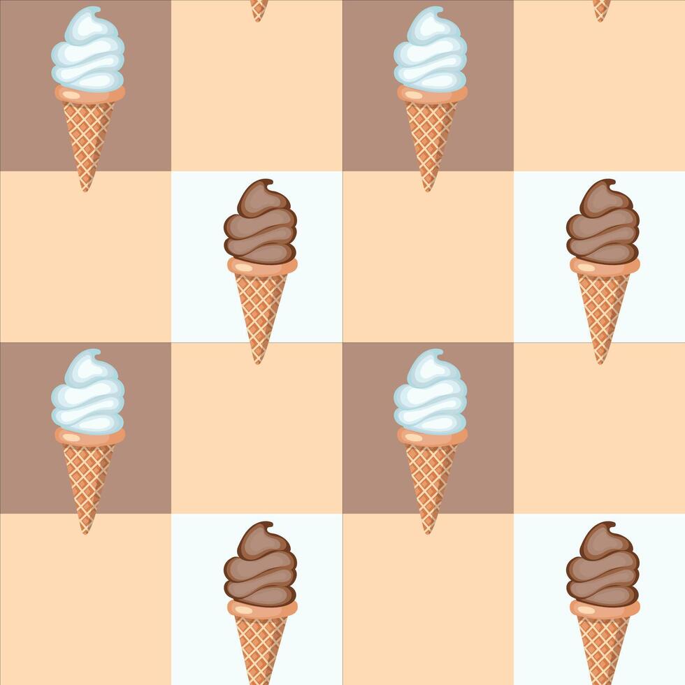 Vanilla and chocolate ice cream in waffle cones. Vector illustration. Seamless pattern.