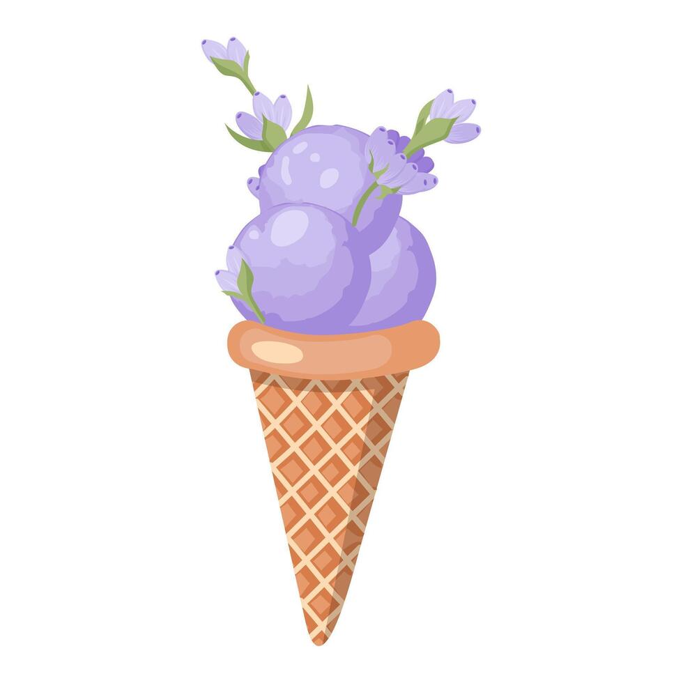 Lavender ice cream. Three balls of creamy sweet dessert in a waffle cone. Purple sorbet. Vector illustration isolated on white background.