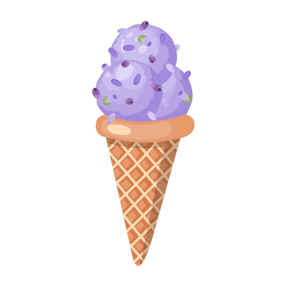 lavanda hielo crema. Tres pelotas de cremoso dulce postre en un gofre cono. púrpura sorbete. vector ilustración aislado en blanco antecedentes.