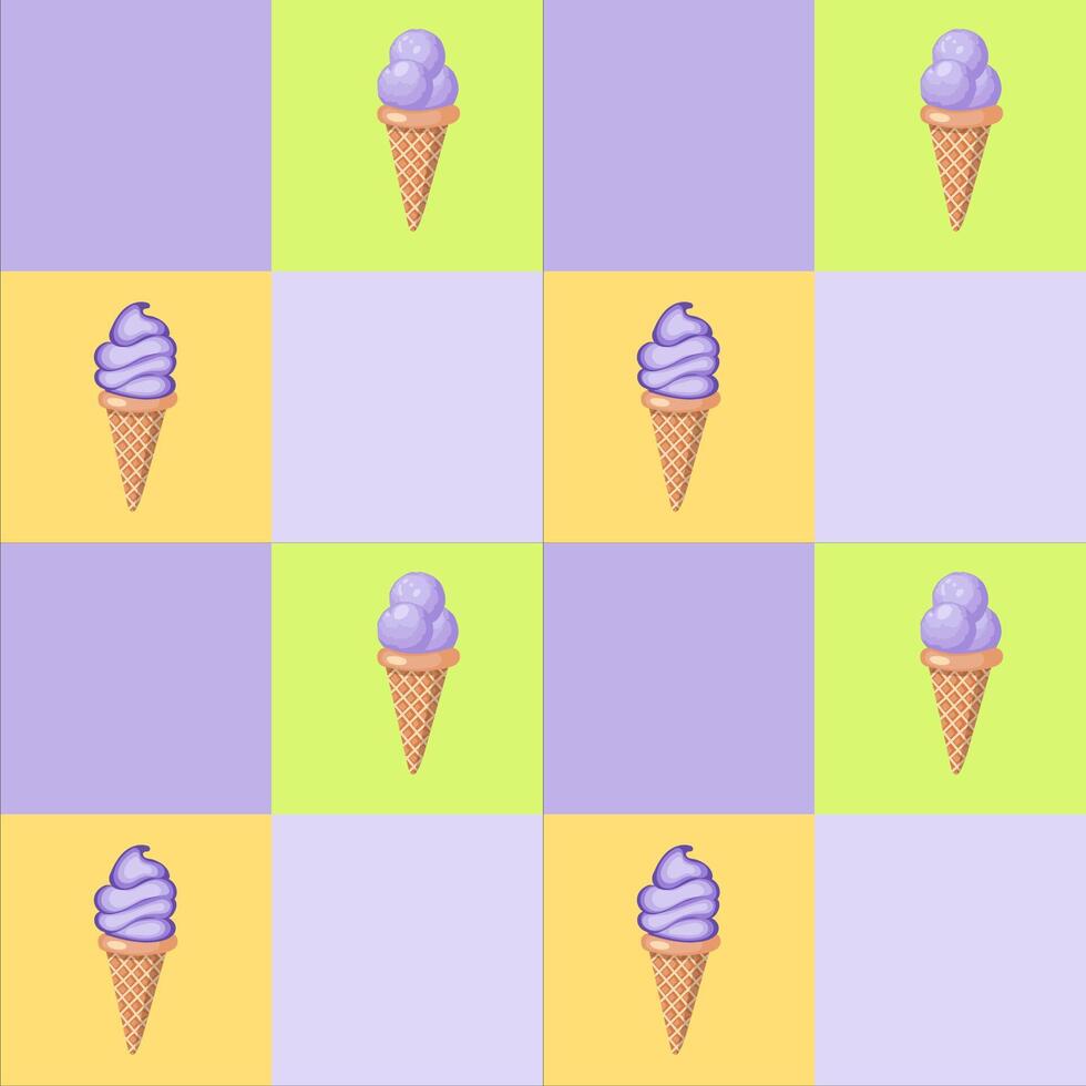 Lavender ice cream. Three scoops of creamy sweet dessert in a waffle cone. Purple sorbet. Seamless pattern. Vector illustration.