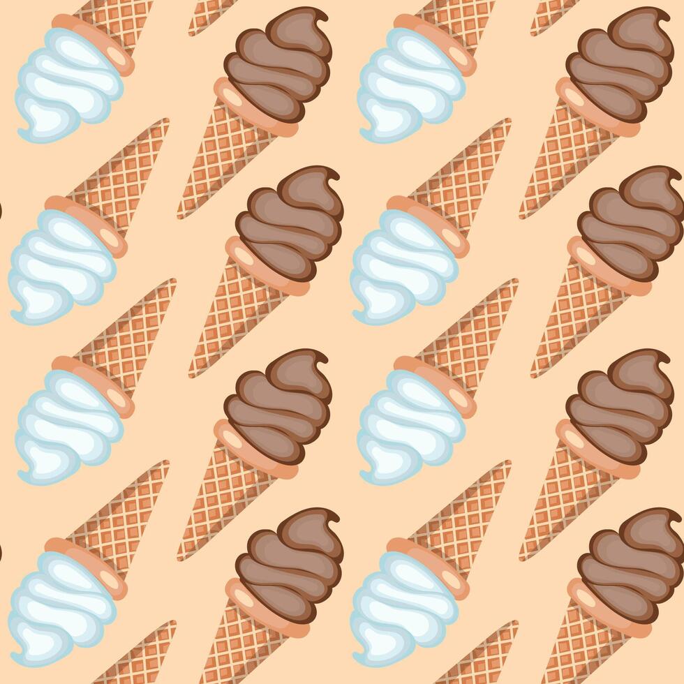 Vanilla and chocolate ice cream in waffle cones. Vector illustration. Seamless pattern.