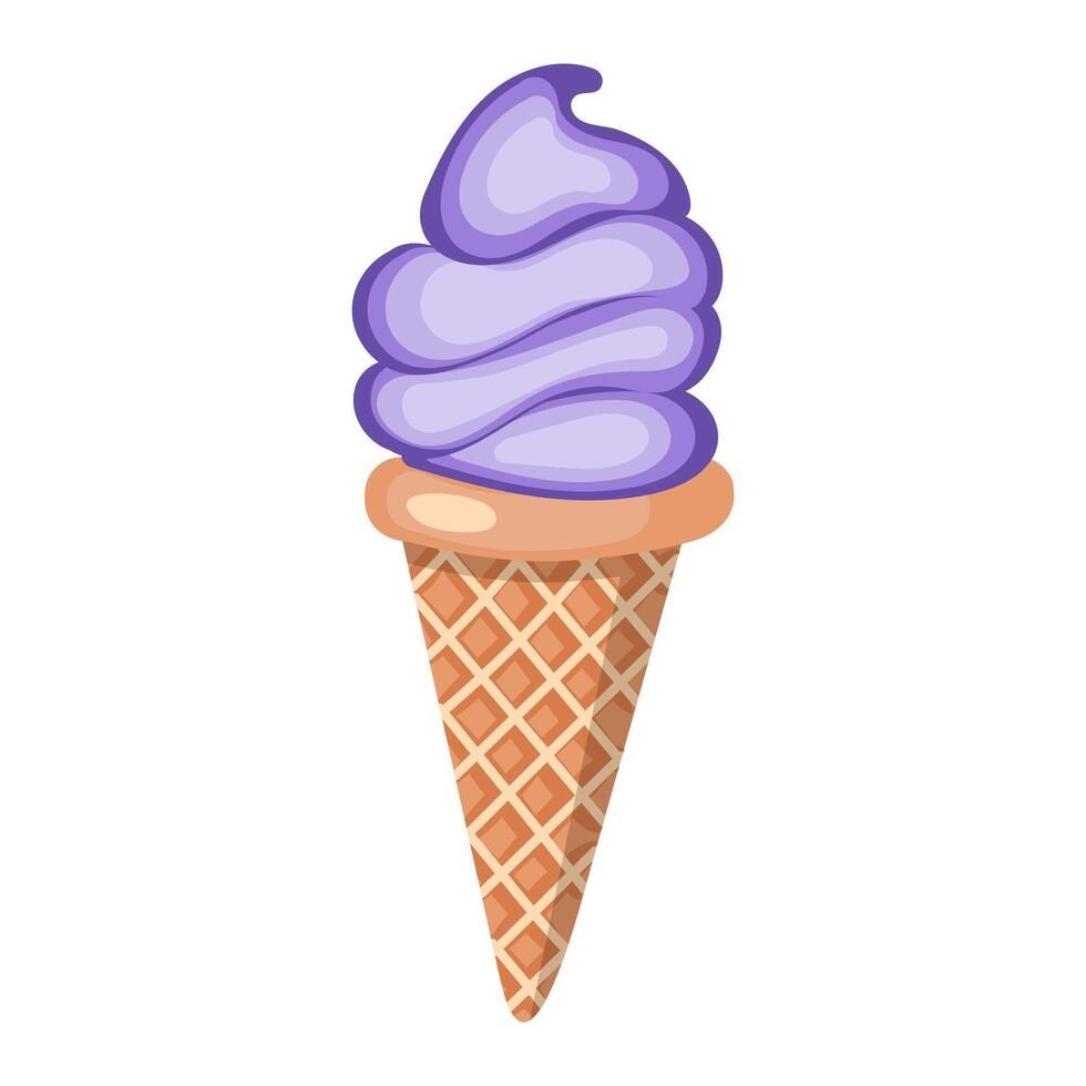 Lavender ice cream. Three balls of creamy sweet dessert in a waffle cone. Purple sorbet. Vector illustration on white background.