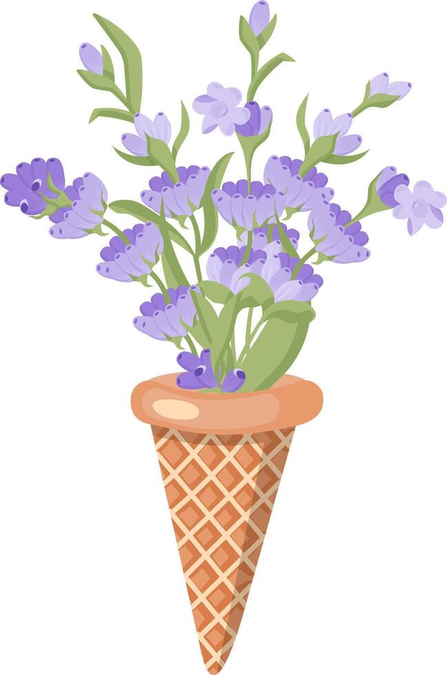 Lavender flowers in an ice cream cone. Vector illustration isolated on white background.