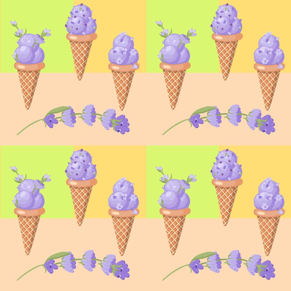 lavanda hielo crema. Tres cucharadas de cremoso dulce postre en un gofre cono. púrpura sorbete. sin costura modelo. vector ilustración.