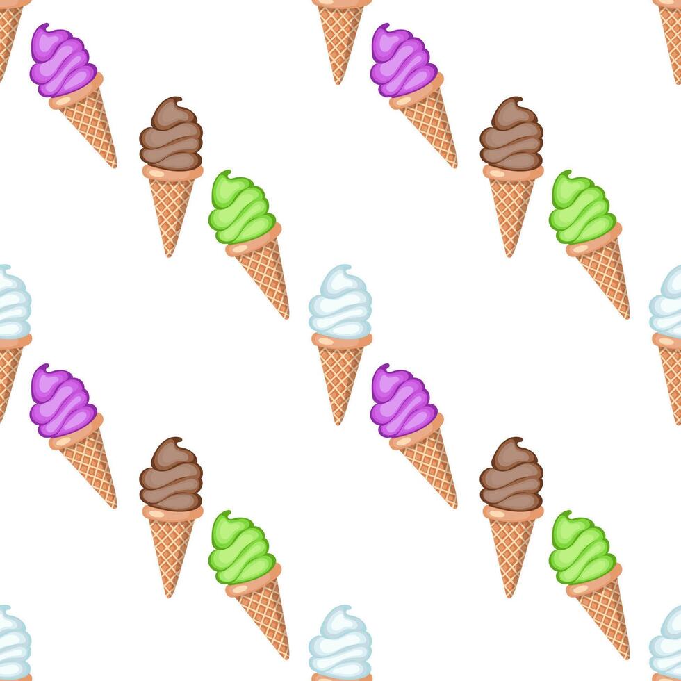 Multi-colored fruit ice cream in waffle cones. Seamless pattern. Vector illustration.