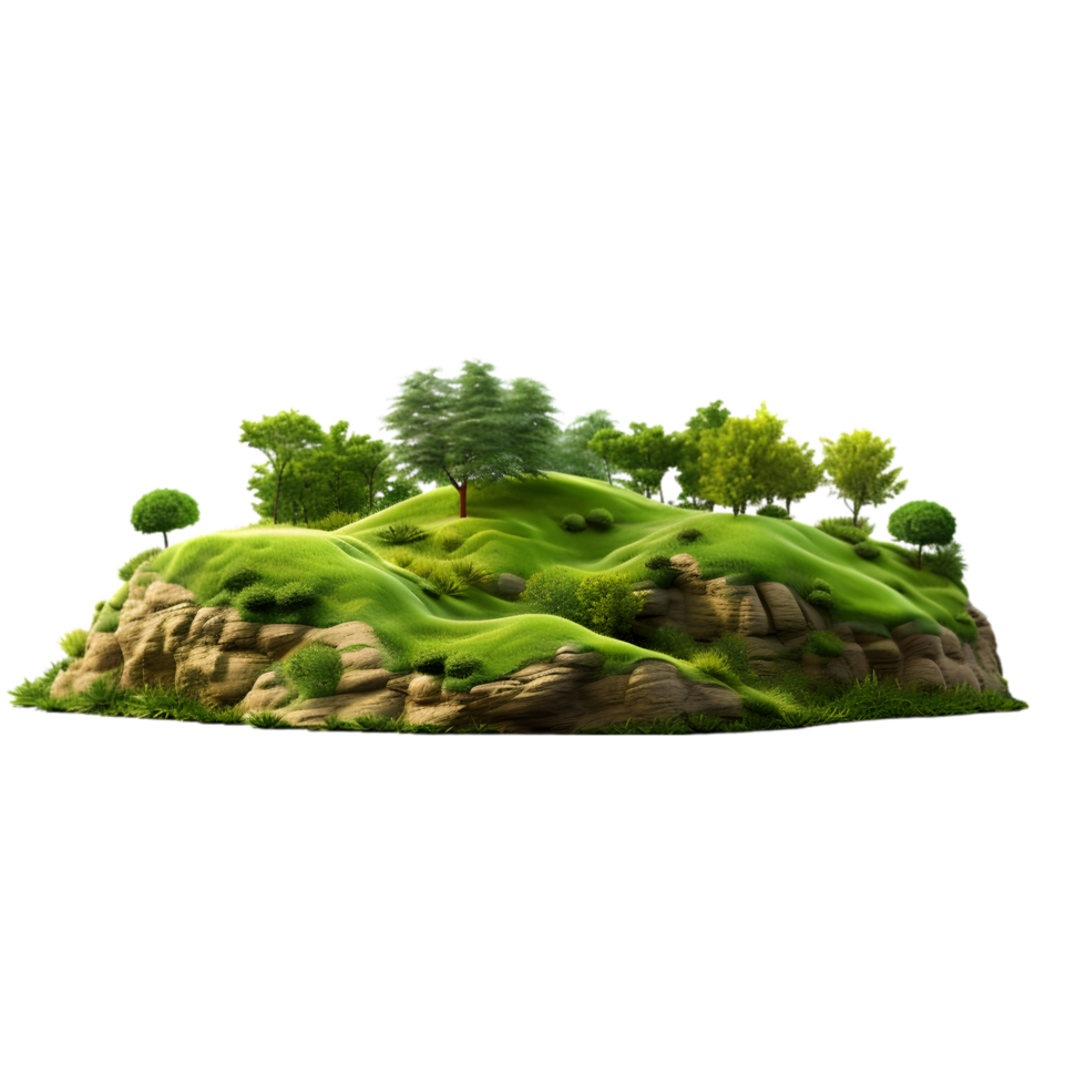 AI generated Green island with trees and grass 3d render on transparent background png file