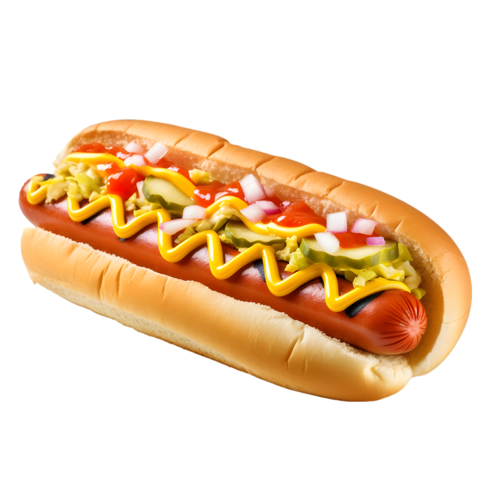 AI generated Hot dog with mustard and ketchup isolated on transparent background png