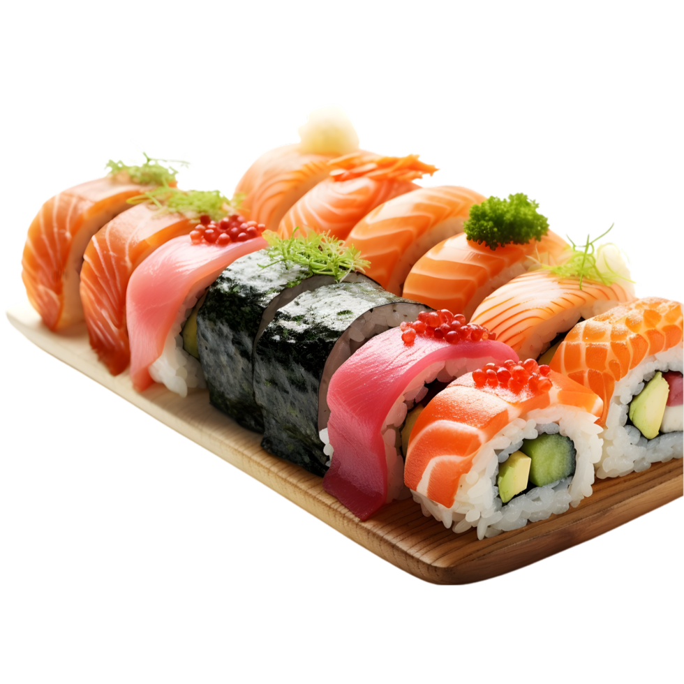 ai generado japonés cocina Sushi rodar con salmón atún Anguila y gamba en transparente antecedentes png